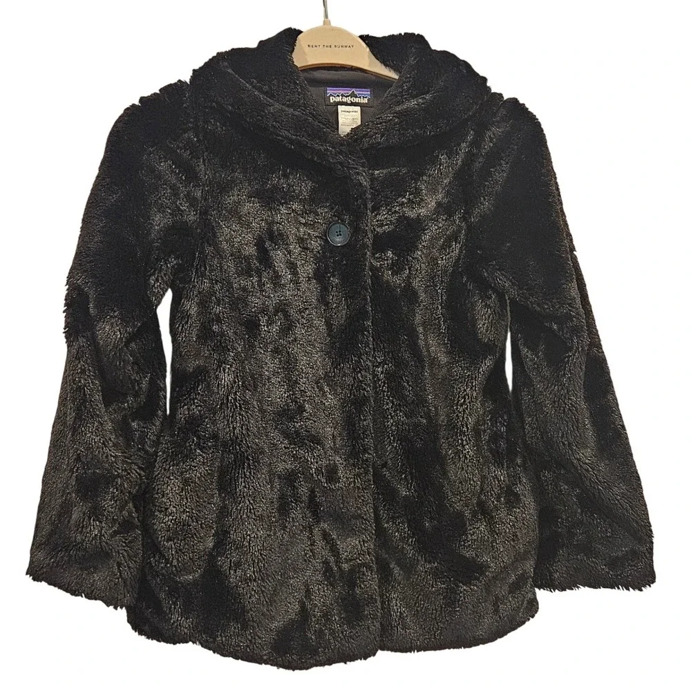 Patagonia Girls Lunar Frost Jacket Black High Pile Fleece Button Coat Size L 12